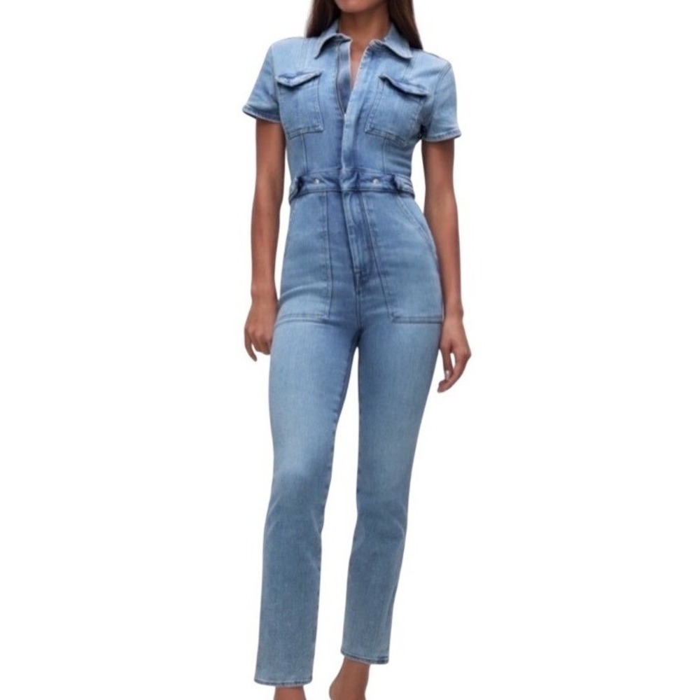 Good American Fit For Success Jumpsuit Size S Blue Denim Short Sleeve Zip Front